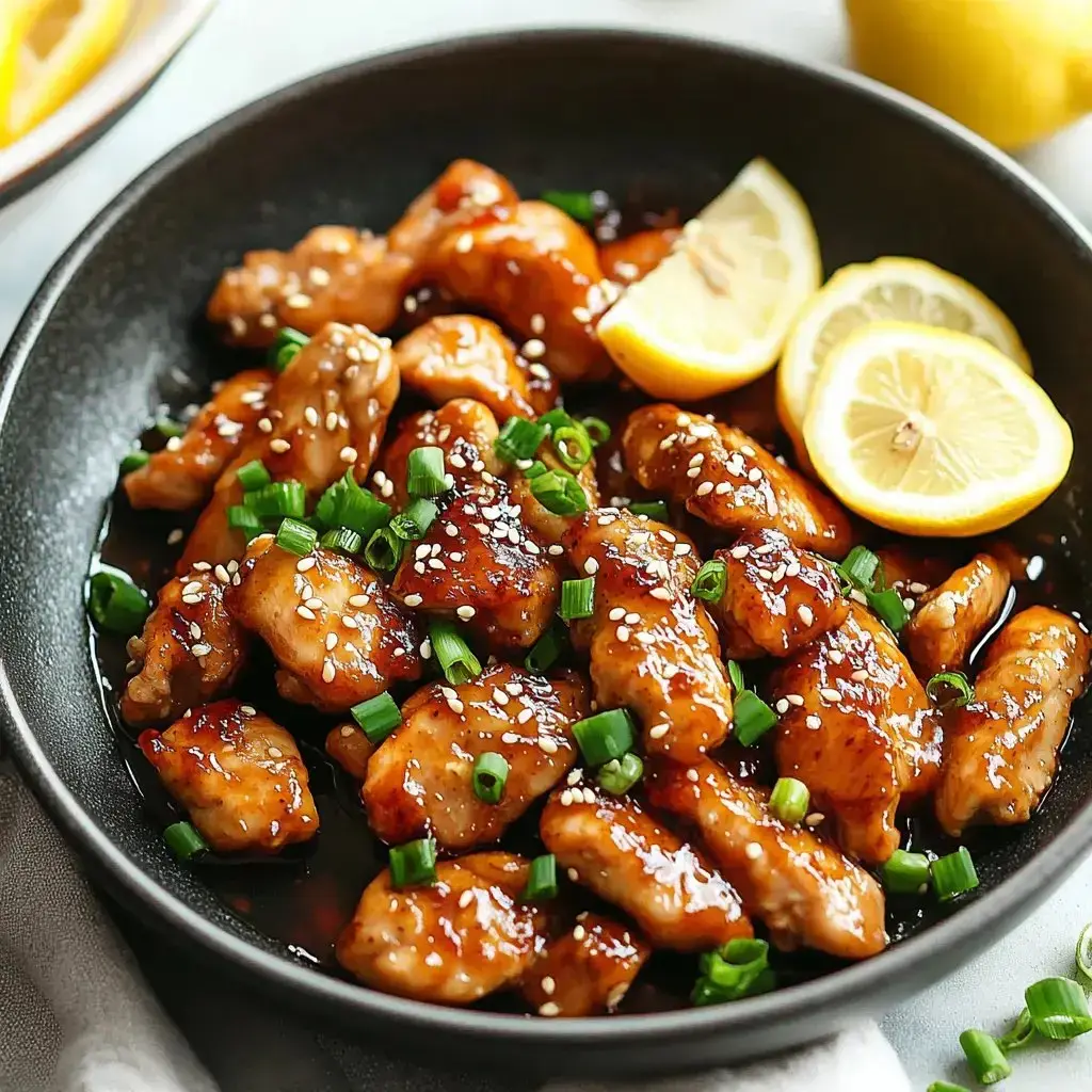 A bowl filled with golden, glazed chicken topped with green onions and sesame seeds. Lemon slices are on the side.