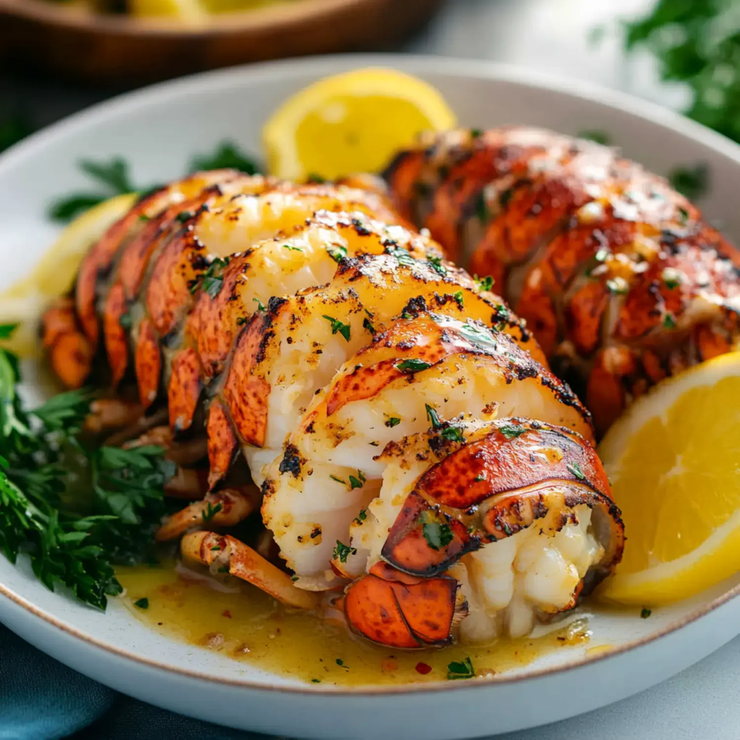 Grilled lobster tails placed on a plate with parsley garnish and lemon slices on the side.