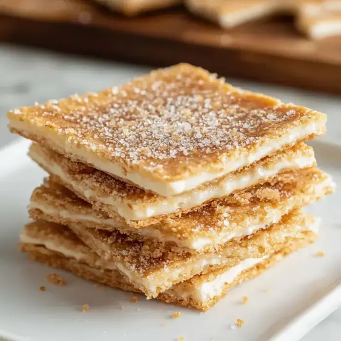 Four crunchy dessert pieces stacked, golden and sugary on top, creamy in the center, on a white plate.