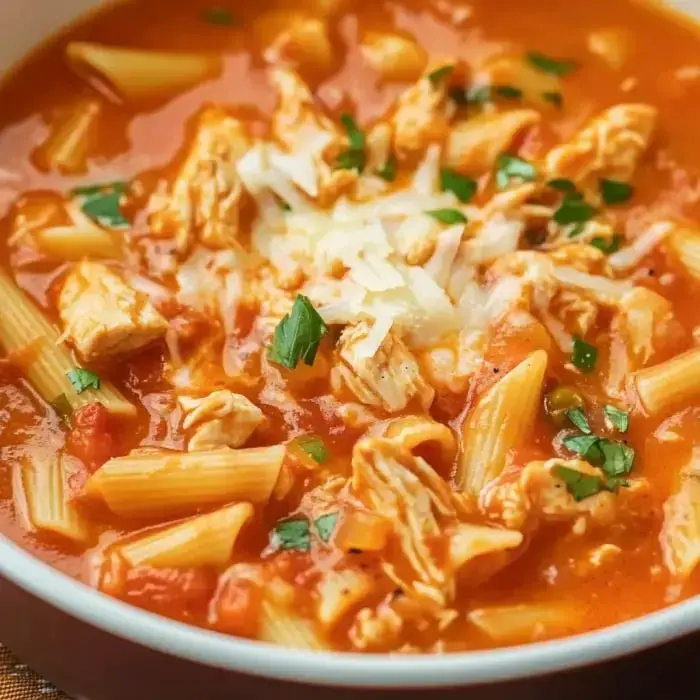 A bowl of cheesy chicken soup with pasta, tomatoes, and herbs topped with fresh basil.