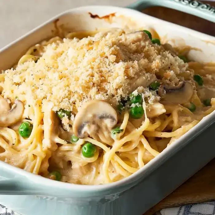 A pasta bake with mushrooms, peas, and crunchy breadcrumbs in a dish.