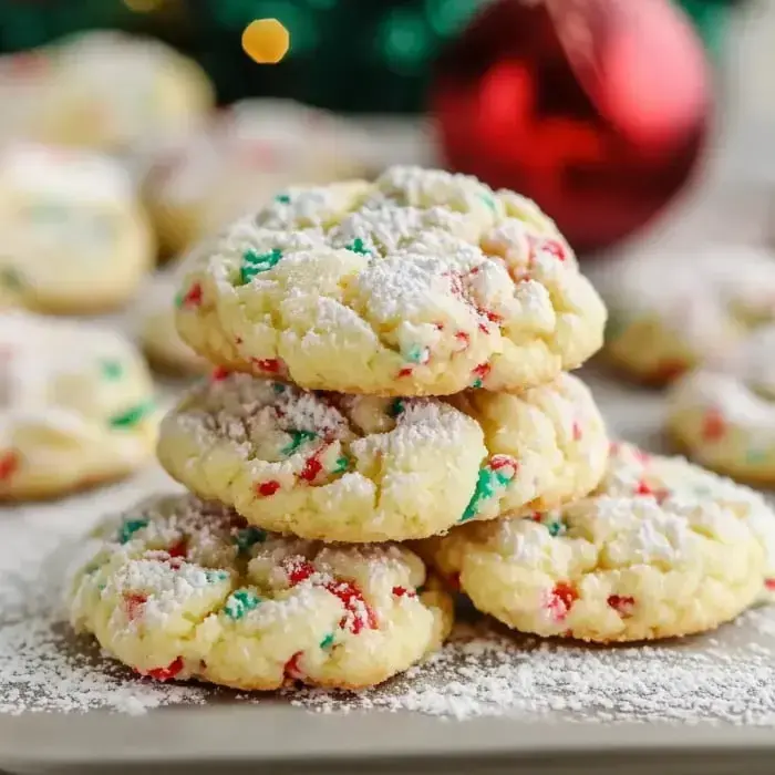 A plated pile of powdered cookies with holiday decor in the background.