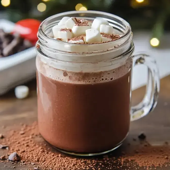 A jar of hot chocolate mix topped with marshmallows and whipped cream, surrounded by chocolate chunks and cocoa powder.