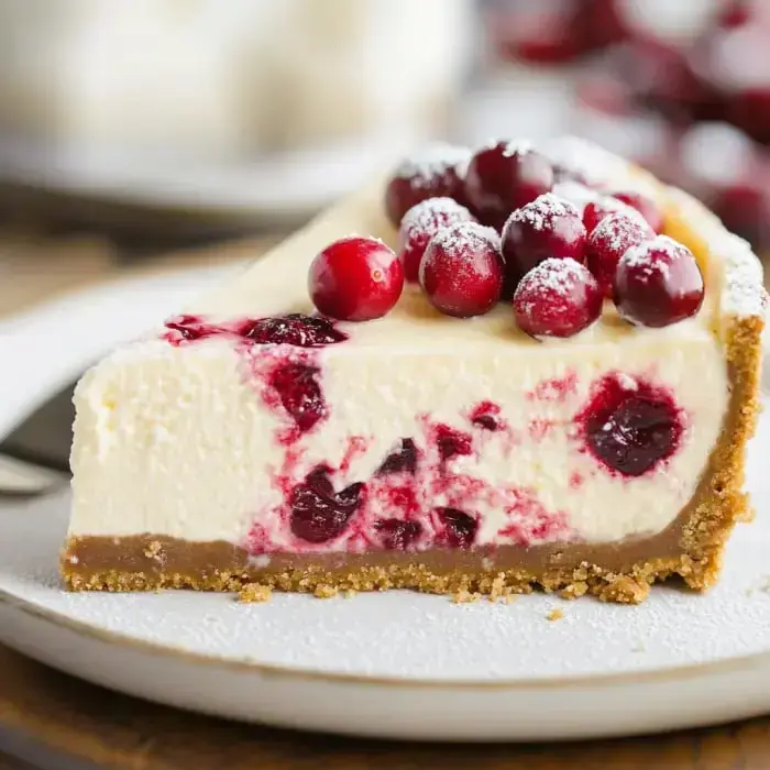 Creamy cheesecake piece covered with fresh cranberries and powdered sugar.