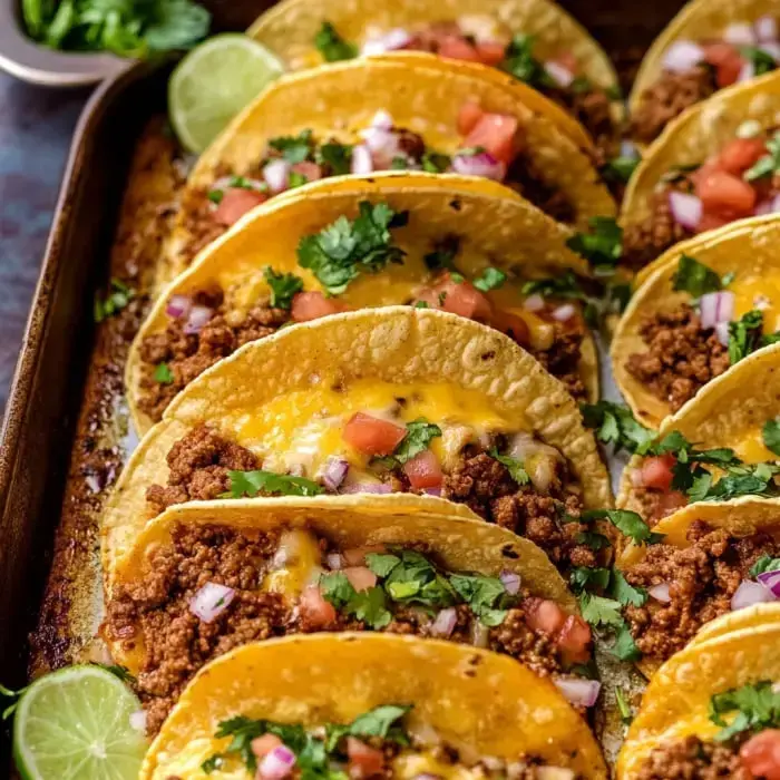 A zoomed-in shot of a tray of tacos loaded with seasoned beef, gooey cheese, diced vegetables, fresh cilantro, and lime slices on the side.