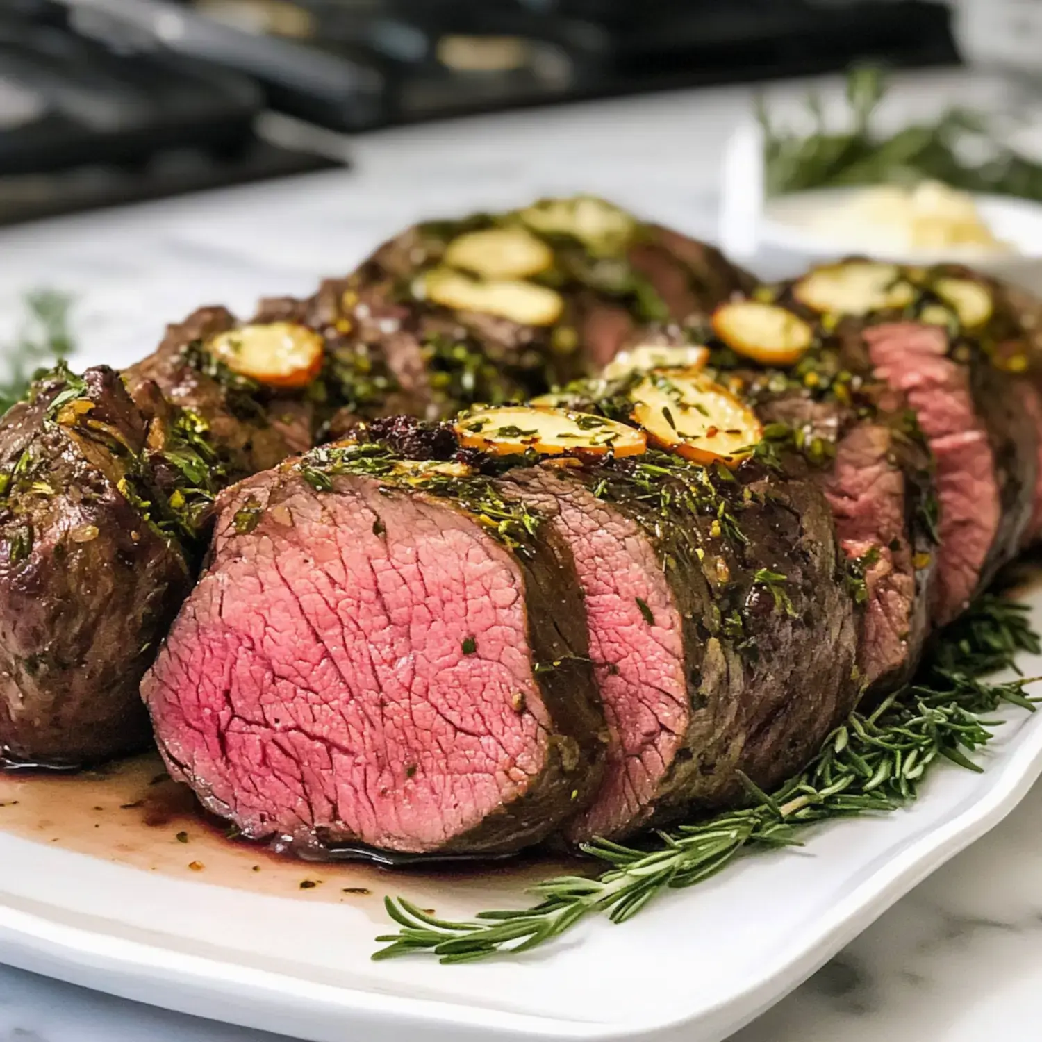 A juicy beef roast perfectly decorated with herbs and garlic on a white serving dish.