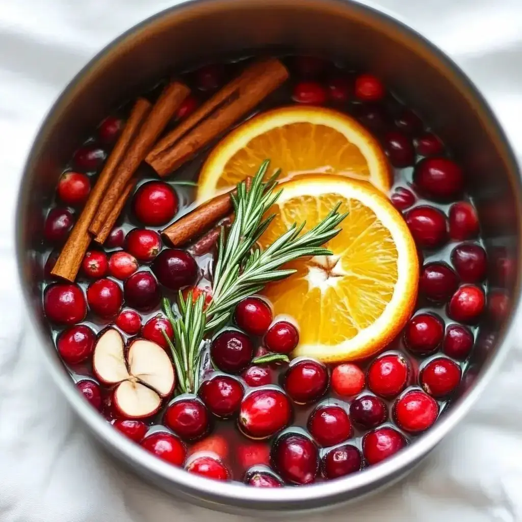 A simmering pot filled with fresh cranberries, oranges, rosemary, and cinnamon sticks.