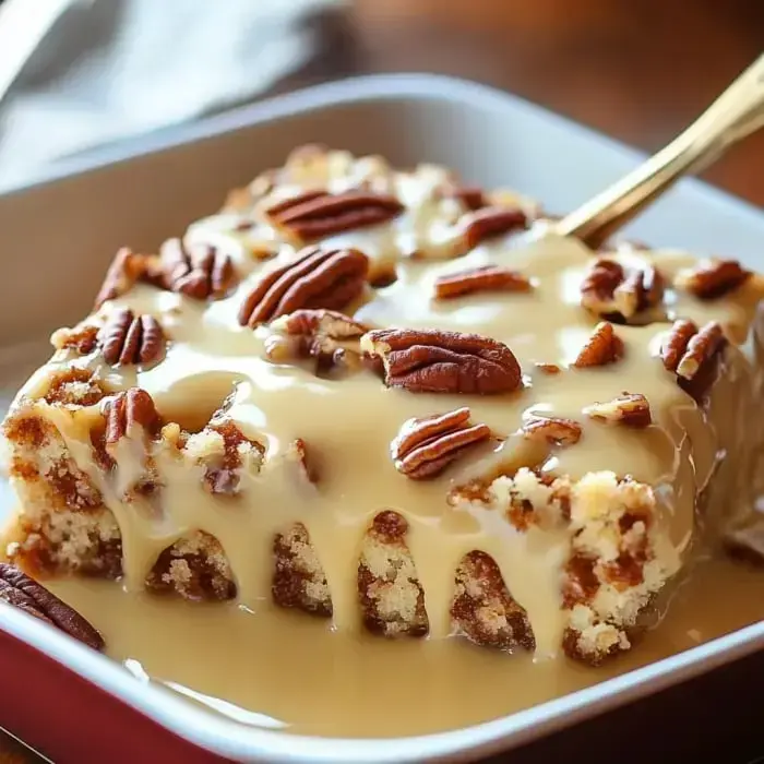 A moist pecan dessert topped with creamy praline sauce and crunchy pecans being cut to serve.