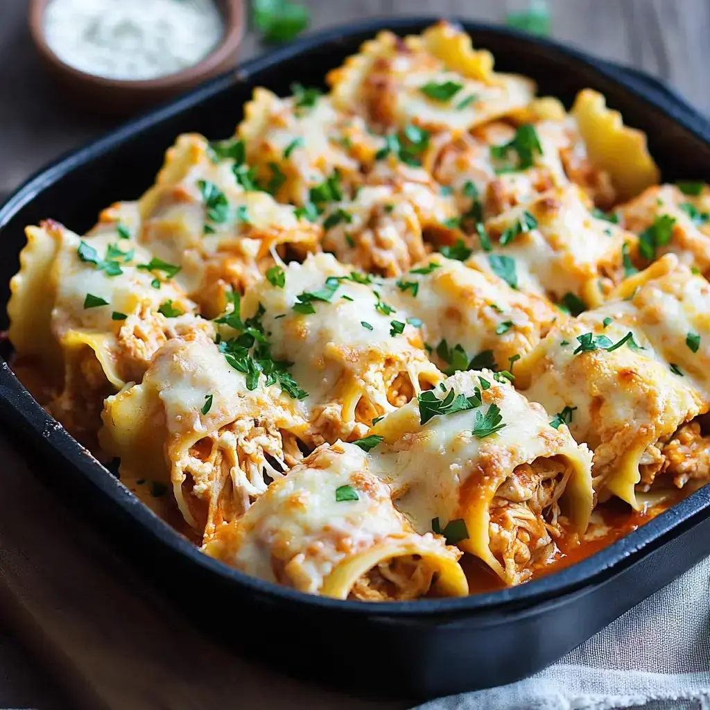 Rolled pasta in a dish, topped with melted cheese and parsley.