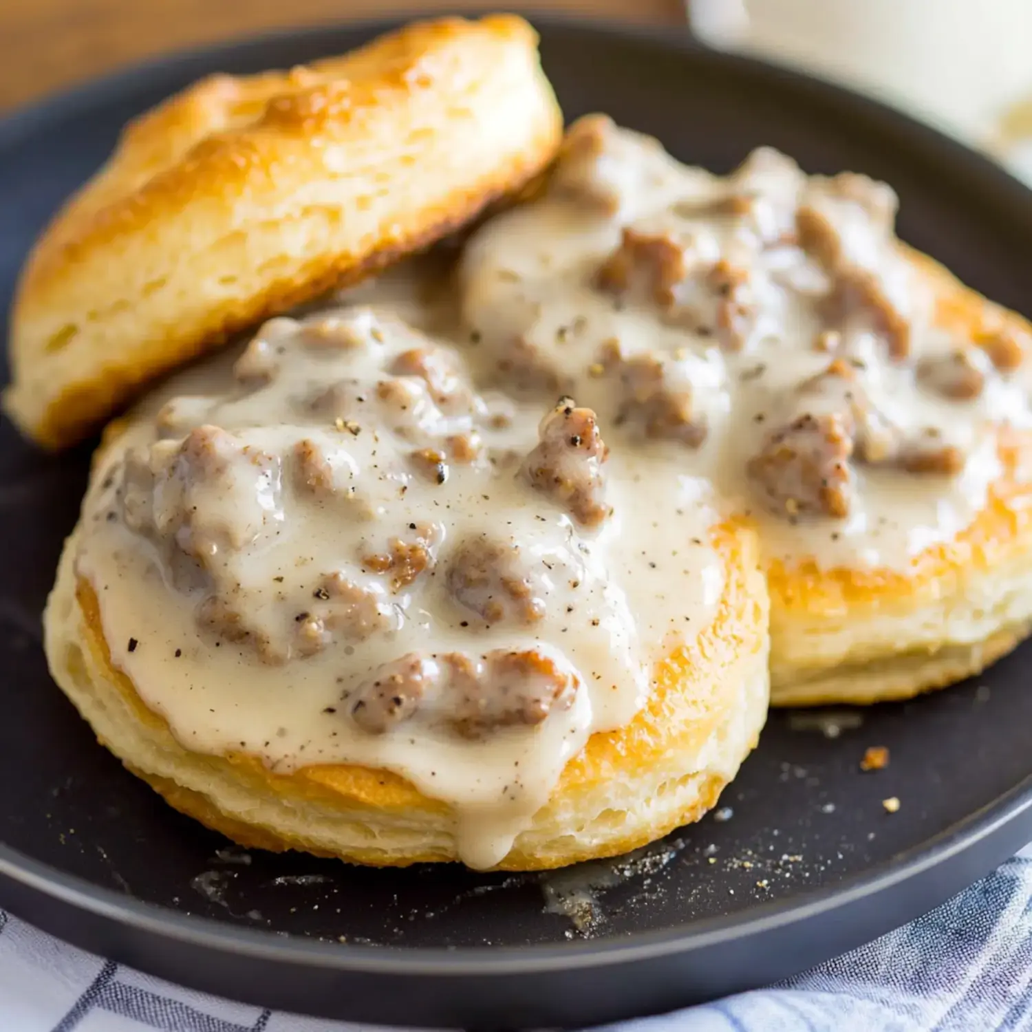 Warm flaky biscuits covered in creamy sausage gravy on a plate.