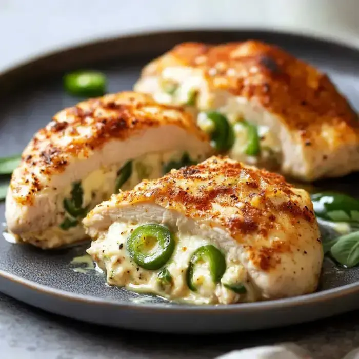 Golden stuffed chicken with cheesy jalapeño filling on a plate.