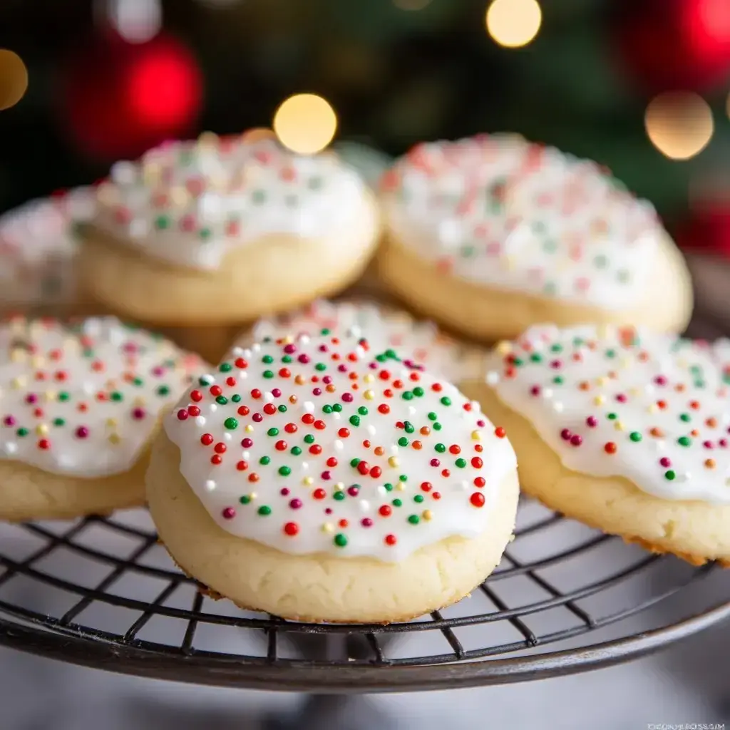 Close-up of soft cookies with white icing and bright sprinkles on a wire rack, with festive light effects in the background.