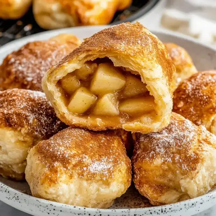 A plate of flaky pastries with powdered sugar, showing a split-open one with spiced apple filling inside.