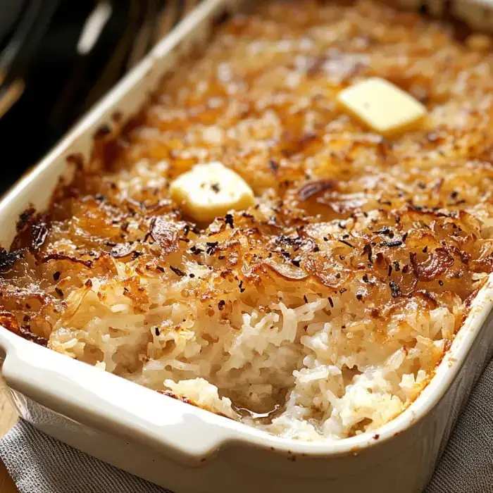 Golden baked rice with crispy edges and melting butter on top.