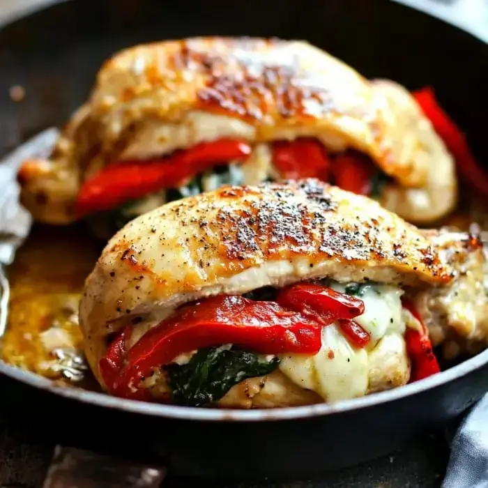Chicken breasts stuffed with roasted peppers and spinach, golden brown in a skillet.