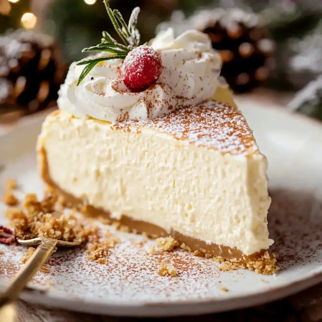 A rich slice of eggnog cake covered in whipped cream, a sprig of fresh rosemary, and a cranberry dusted with powdered sugar, served on a plate.