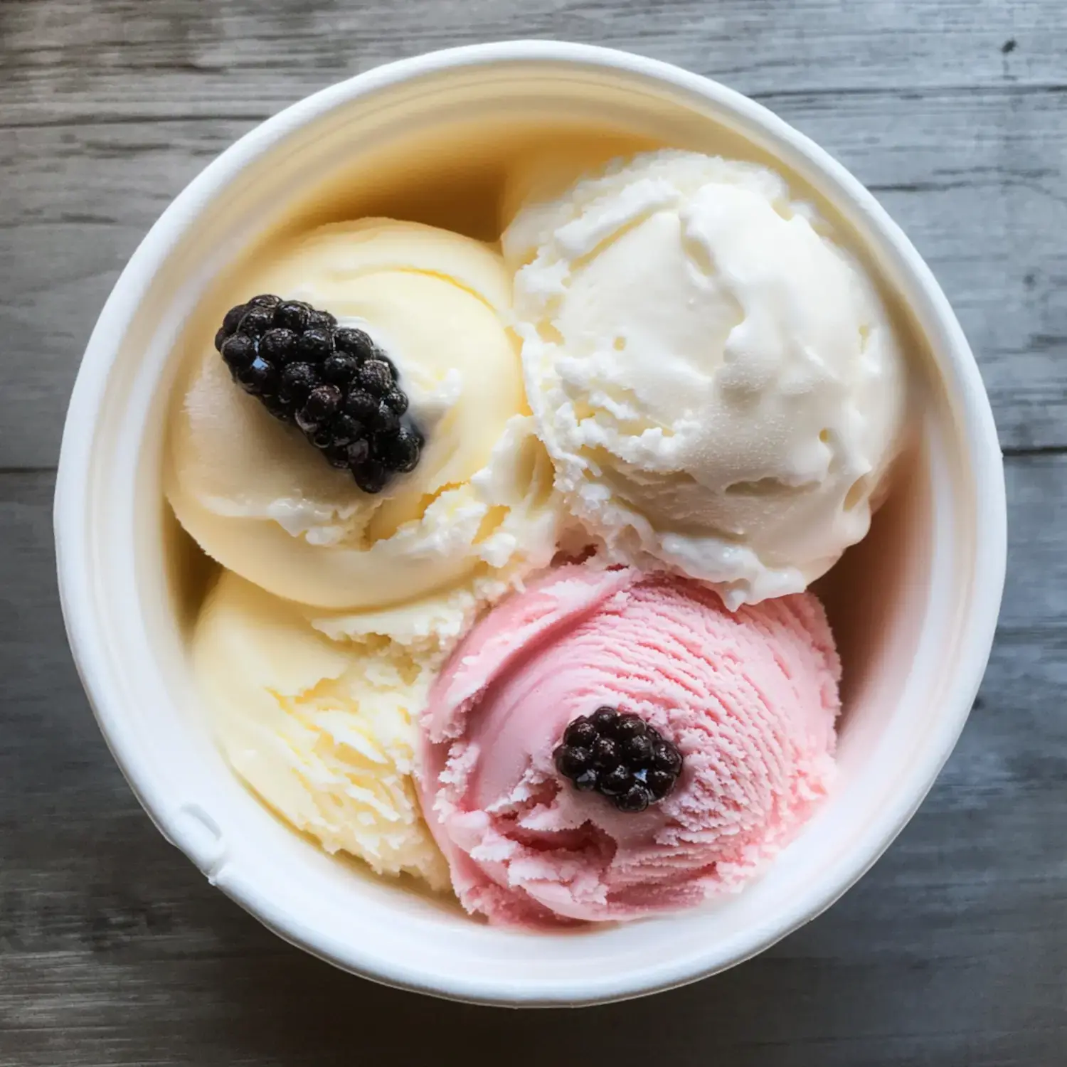 Three colorful scoops of ice cream—yellow, white, and pink—each topped with a blackberry.