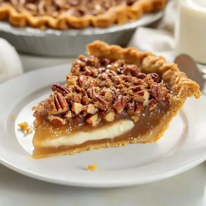 A rich pecan pie slice showing a gooey filling and nutty topping, perfect for gatherings.