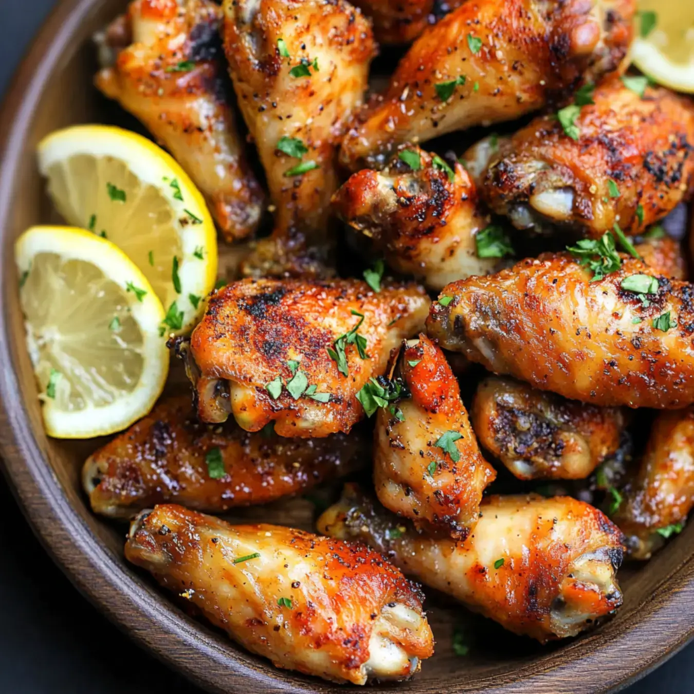 A plate piled with crispy, golden chicken wings sprinkled with parsley and lemon slices on the side.