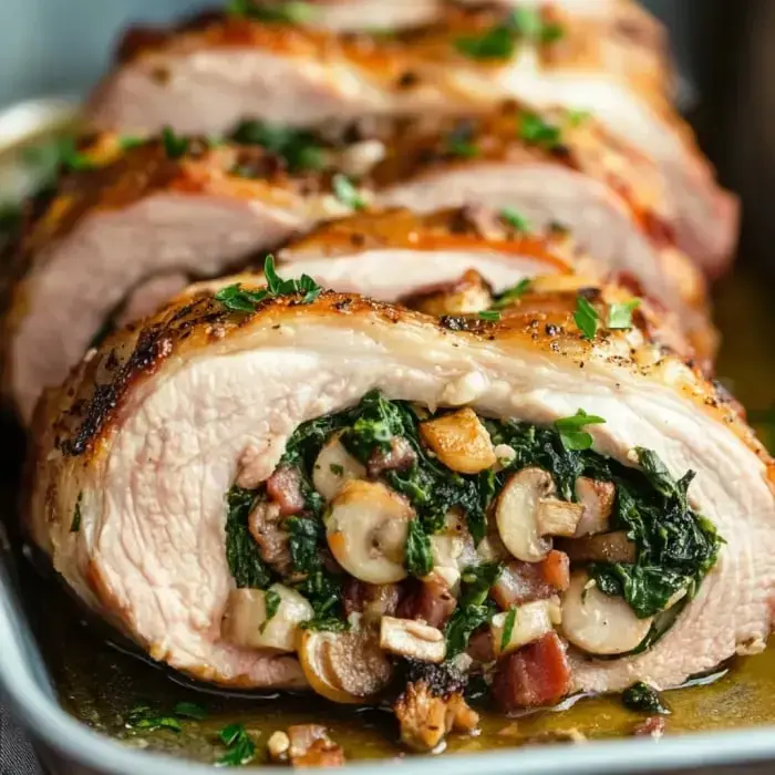 Cut pork roll stuffed with spinach, mushrooms, and bacon, topped with parsley.