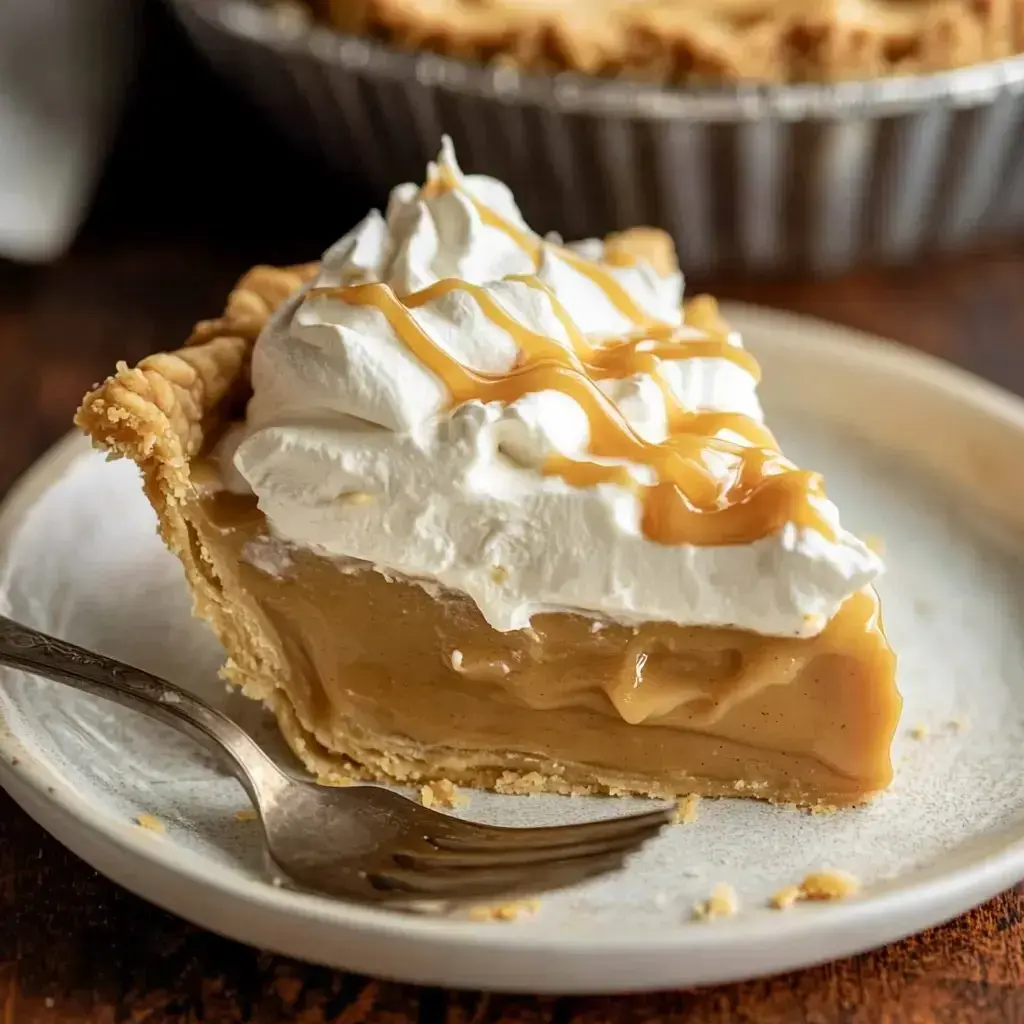 A fork sits next to a slice of pie with creamy filling and caramel drizzled on whipped cream.