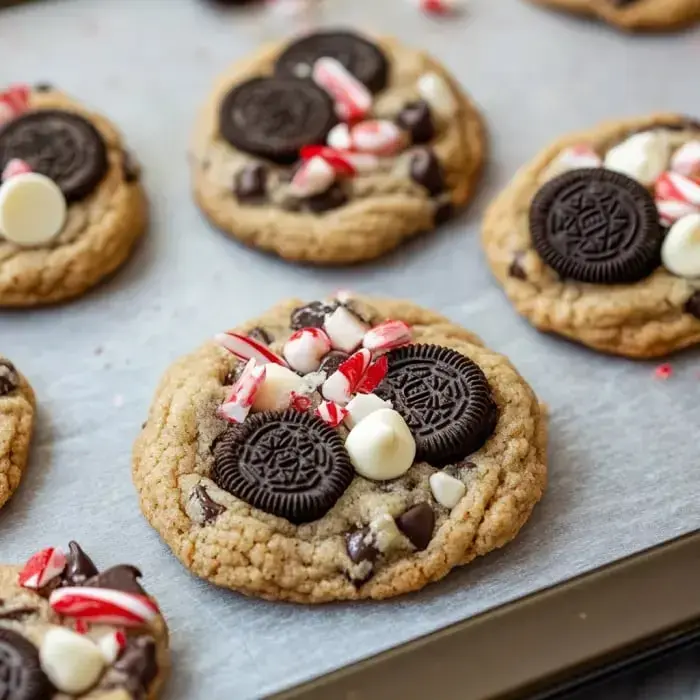 Close-up of baked cookies with Oreo chunks, white chocolate, and peppermint candy on a tray.