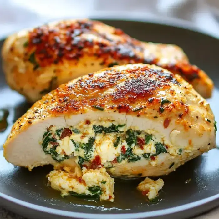 Golden-brown stuffed chicken filled with cheese, spinach, and tomatoes on a plate.