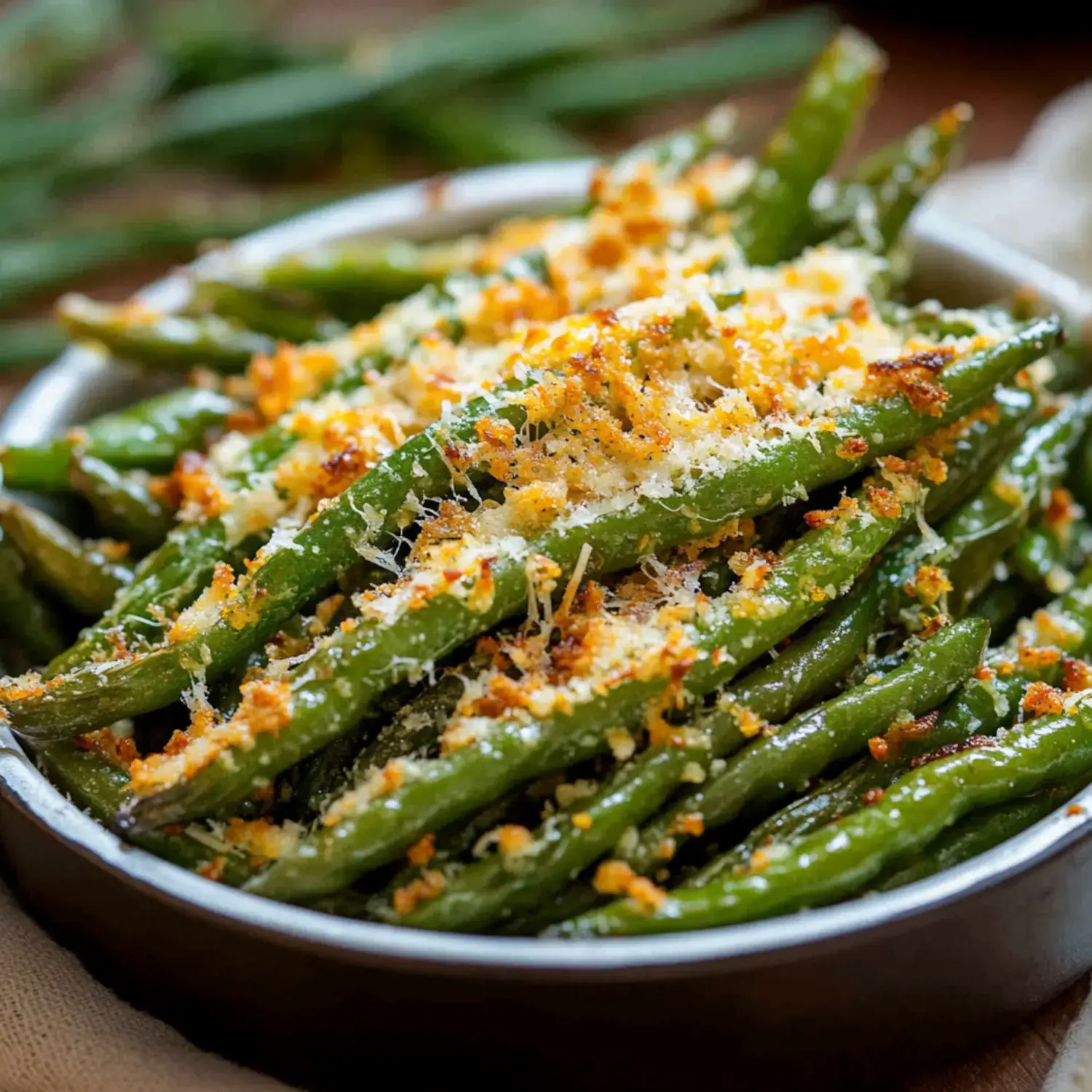 Crispy green beans in a bowl with cheese and golden crust on top.