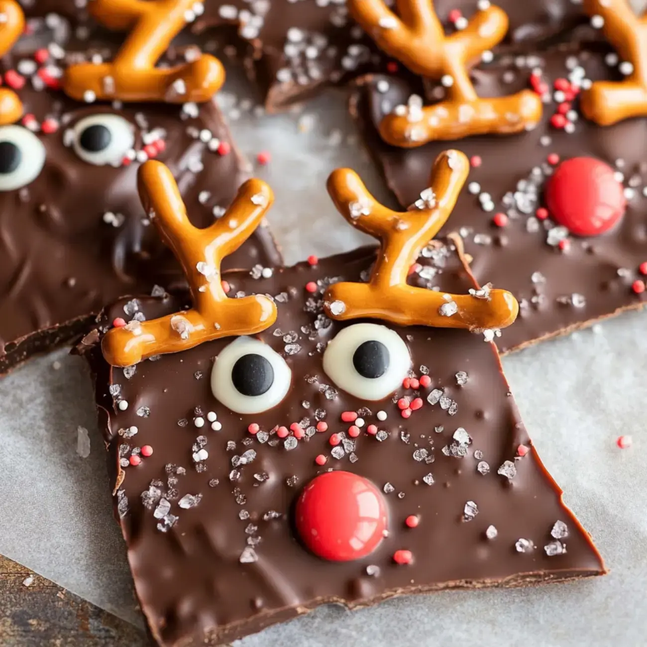 Chocolate treats shaped like reindeer, topped with pretzel antlers, candy eyes, and festive decorations.