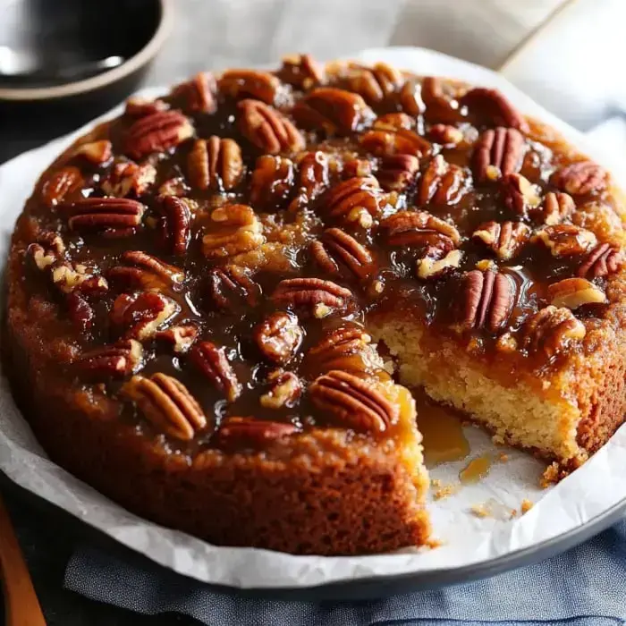 Golden pecan cake flipped to reveal a caramel top with one slice removed, sitting on parchment paper.