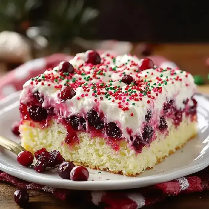 A colorful slice of cranberry cake garnished with cream, berries, and festive sprinkles on a plate.
