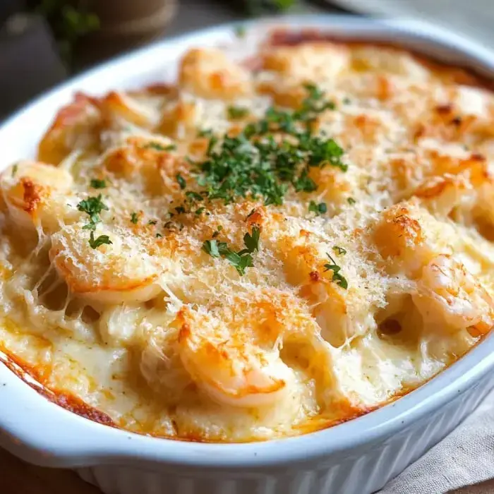 Golden baked shrimp topped with cheese and herbs in one dish.