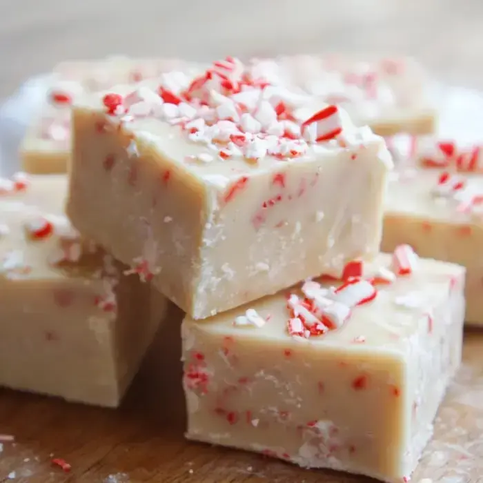 Squares of white chocolate fudge with crushed red and white candy cane topping.