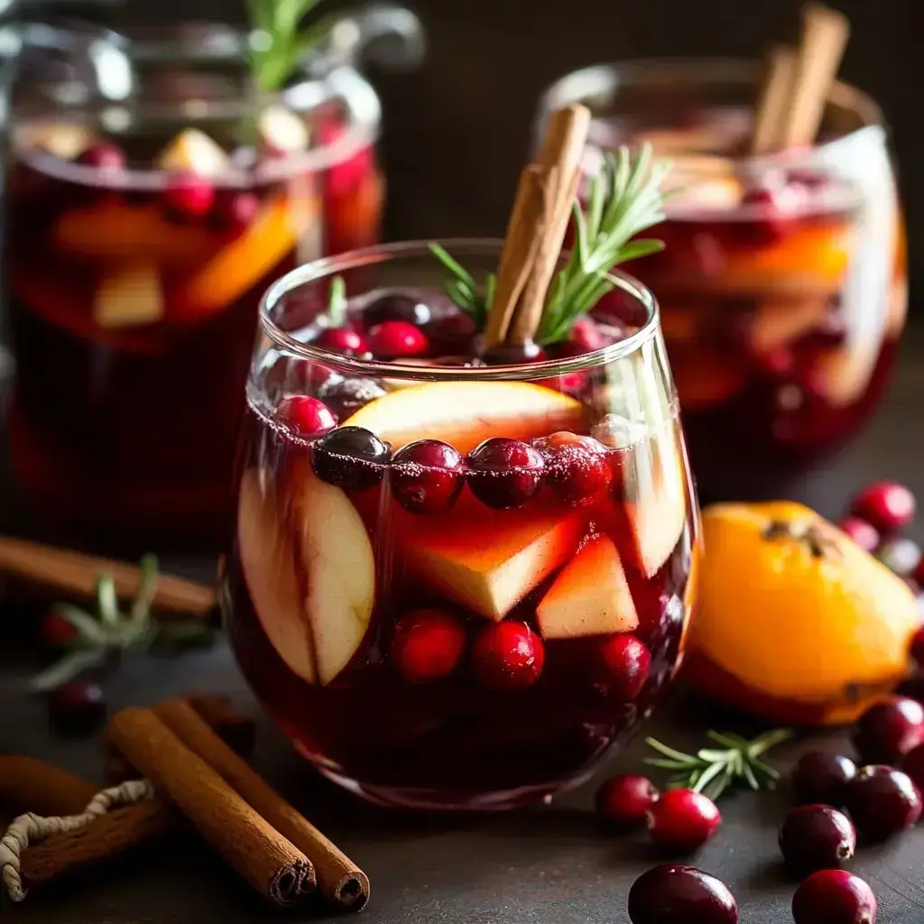 A close-up of a festive drink in a glass with fruit slices, cranberries, and cinnamon on a moody background.