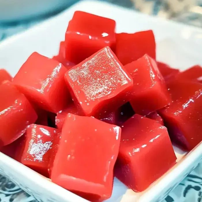 Stacked, shiny red candy pieces in a white bowl.