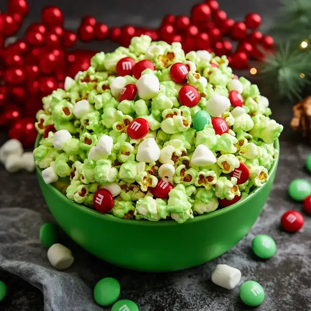 A big green bowl overflowing with green popcorn, tiny marshmallows, and red M&Ms. Surrounded by holiday-themed red decorations.