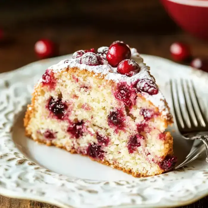 Powdered cranberry cake slice placed on a fancy plate alongside a fork.