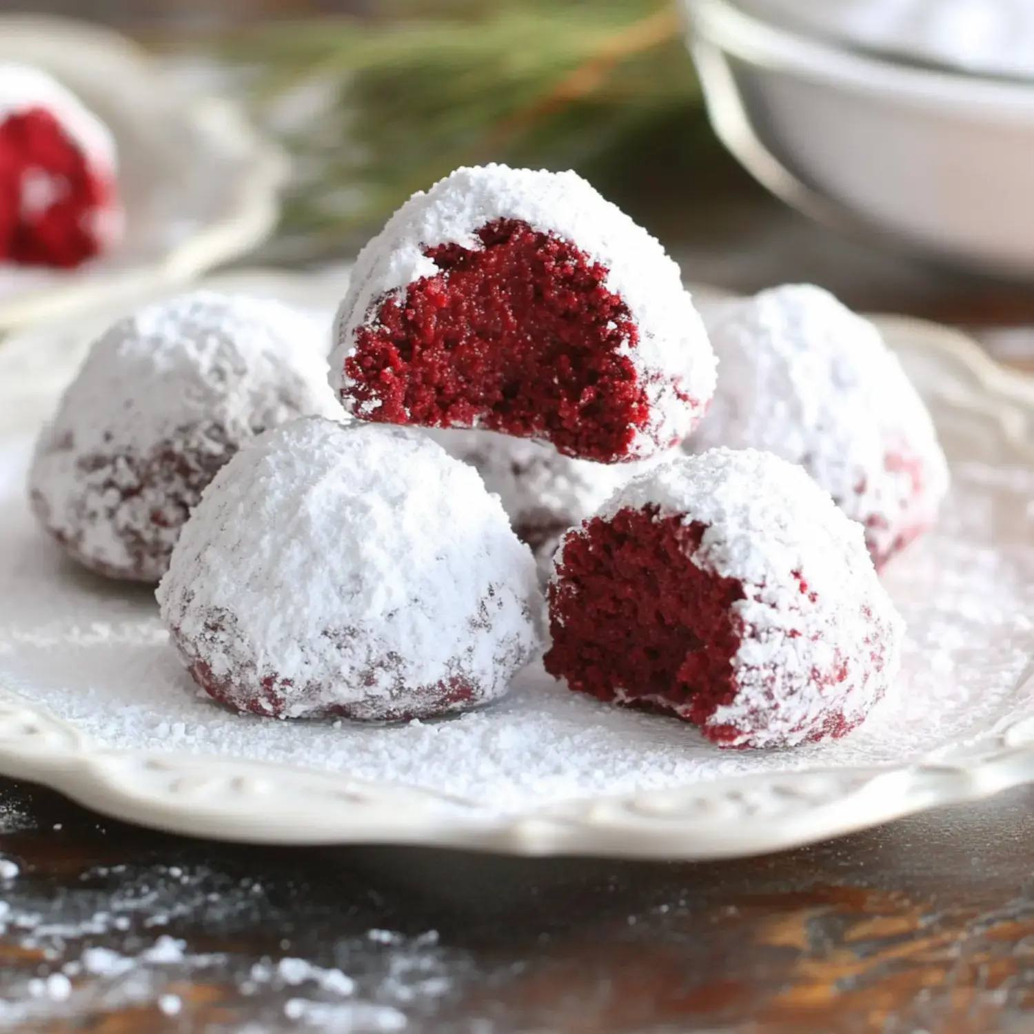 A batch of red-dipped cookies sprinkled with snowy sugar, with one showing its soft, rich inside.