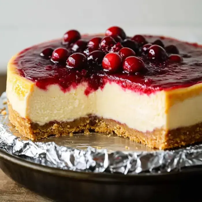 A velvety cake topped with cranberries with a slice taken out, showing its layers.