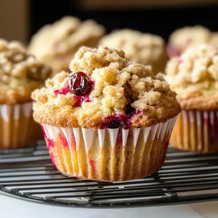 A muffin close-up with a crumbly topping and dark berries on a rack.