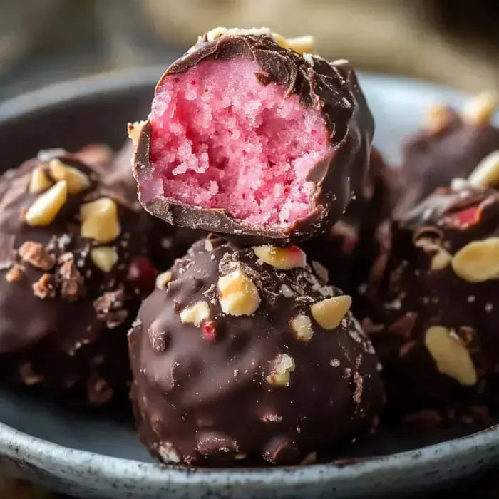 Zoomed-in view of chocolate-covered candies, with one bitten to show a pink cherry filling and chopped nuts on top.
