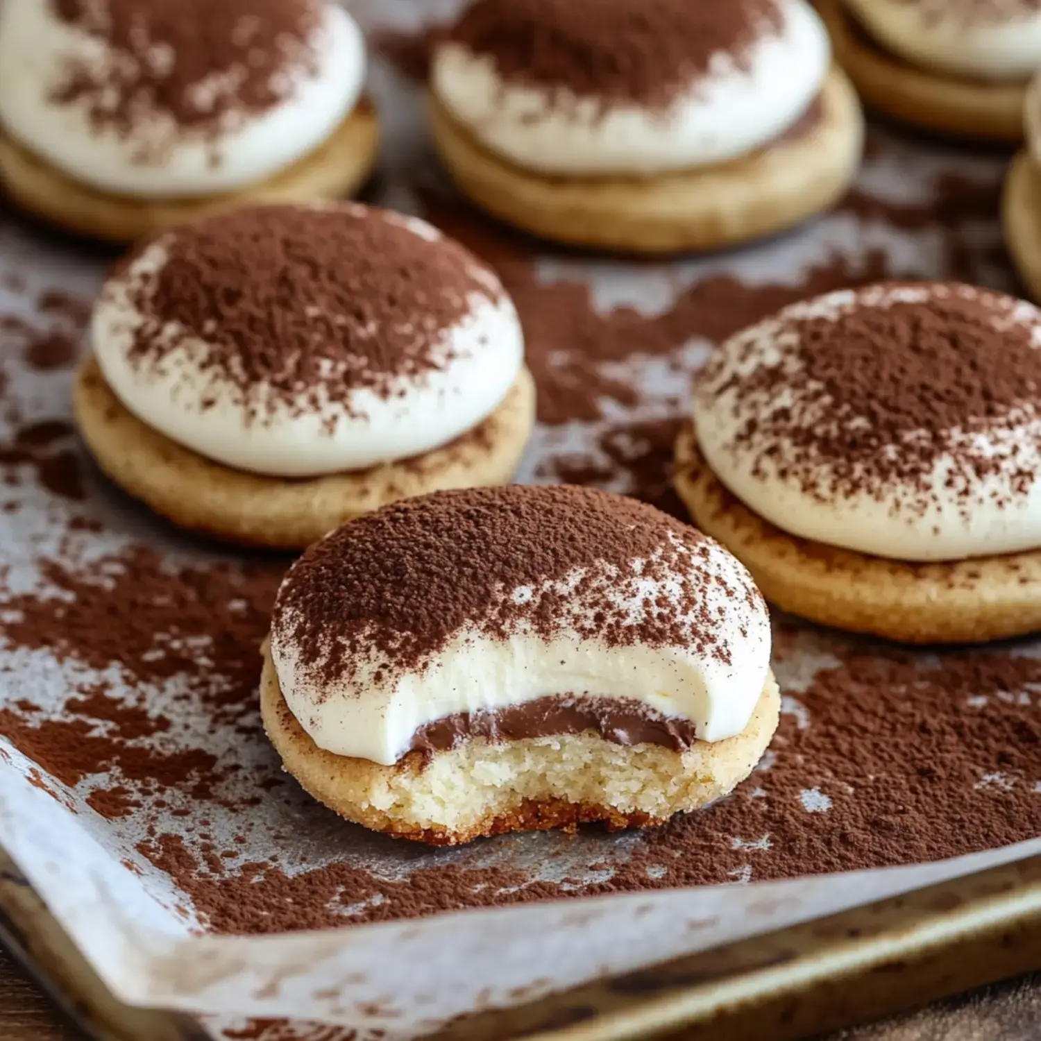 Cookies covered in mascarpone and cocoa, one bitten, revealing a chocolate filling.