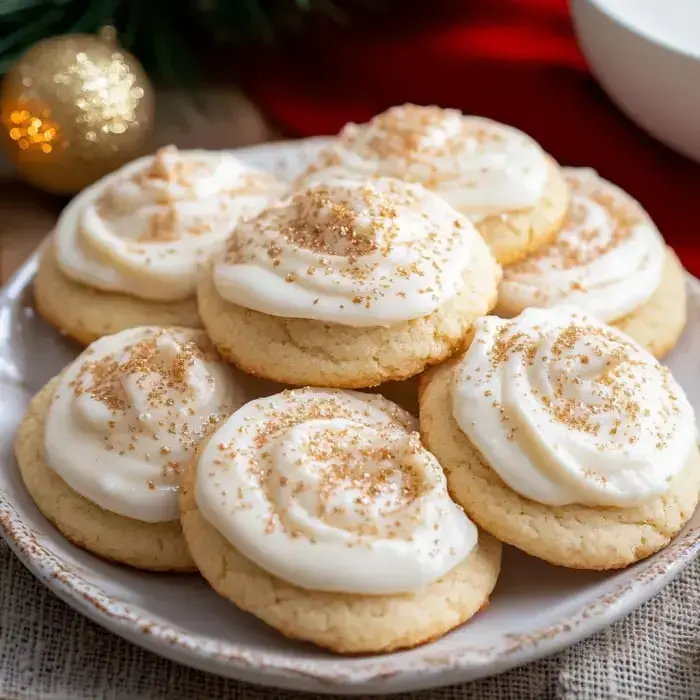 A tray of warm frosted eggnog cookies dusted with nutmeg.