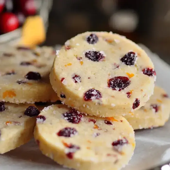 Round cookies with cranberries and orange zest sugar-coated on a white surface.