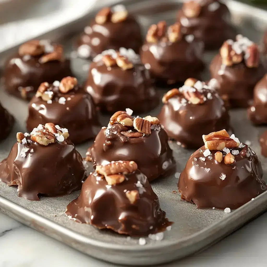Pecan-studded chocolate candies with a sprinkle of sea salt.