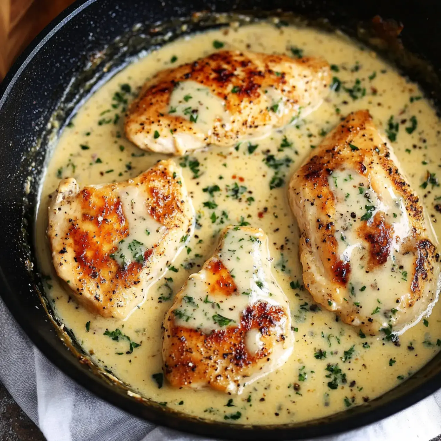 Four pieces of browned chicken sitting in a creamy herb sauce inside a skillet, garnished with fresh herbs.