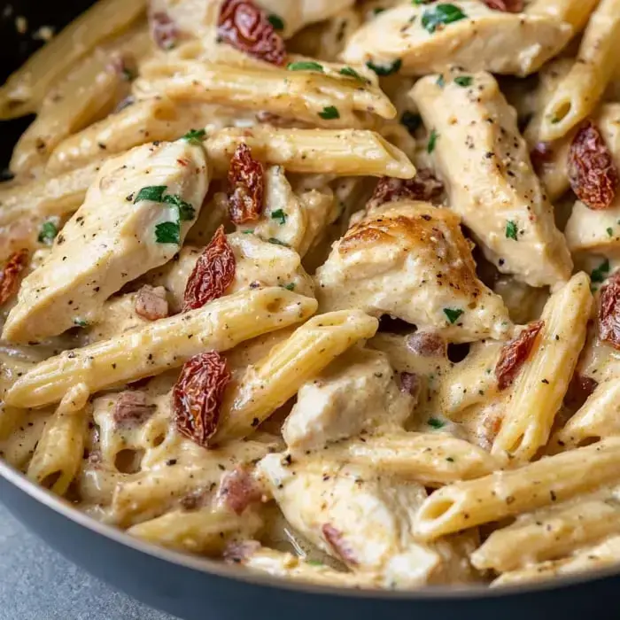 Close-up of penne pasta in creamy sauce with chicken pieces and parsley garnish.