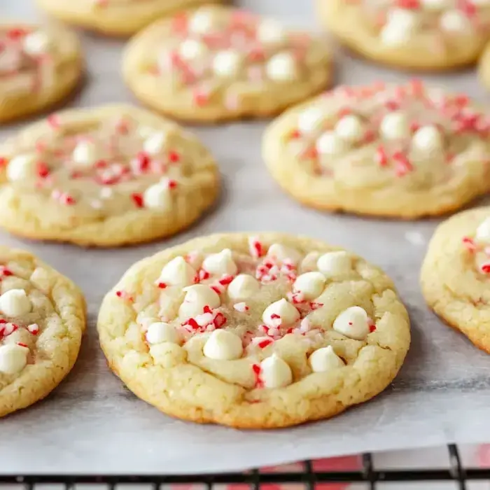 Freshly baked cookies with white chocolate chips and crushed peppermint on parchment paper.