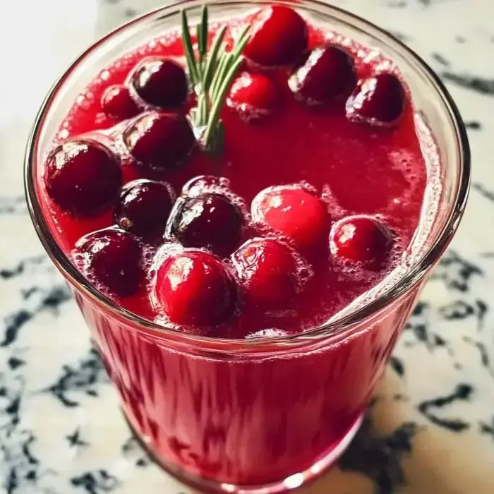 Bright red cranberry juice in a glass with fresh berries and a rosemary garnish.