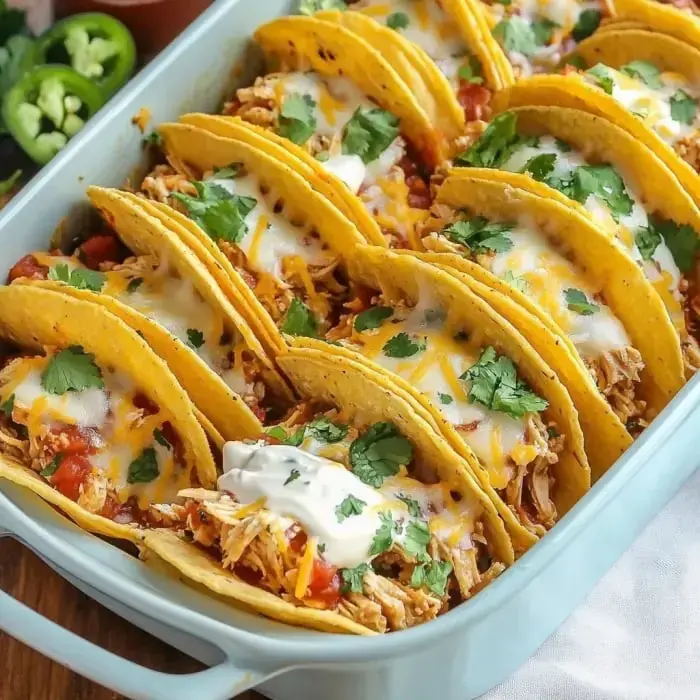 A dish of crispy tacos filled with chicken, beans, melted cheese, and garnished with fresh cilantro.